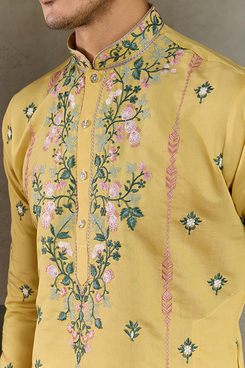 Embroidered Yellow Kurta For Men Wear