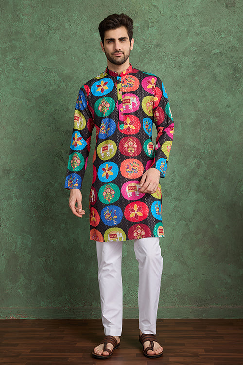 Multi Color Print With Embroidered Kurta And Pajama For Men