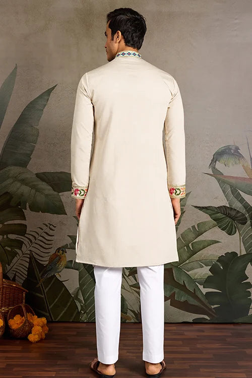 Beige Color Special Embroidered Kurta for Mens Wear