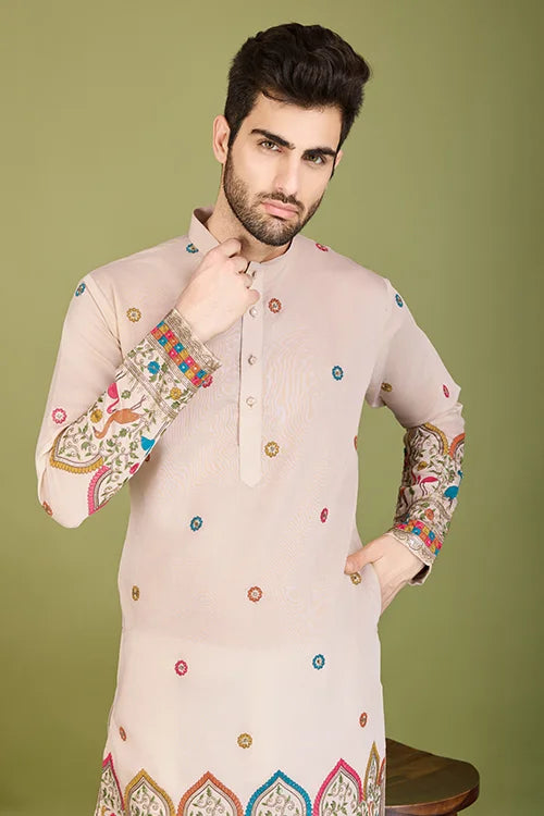Designer Ivory Viscose Silk Men's Kurta Collection