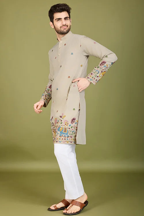 Premium Beige Kurta With Embroidery Wedding Look For Mens Wear