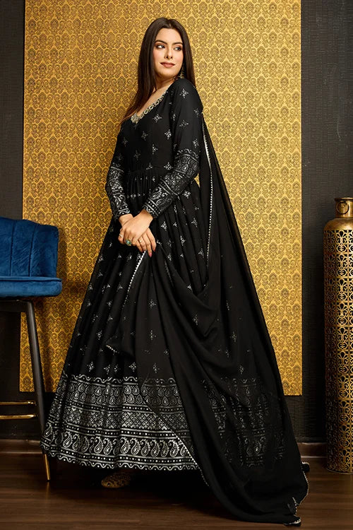 Outstanding Black Color Foil Work Georgette Function Wear Gown With Dupatta