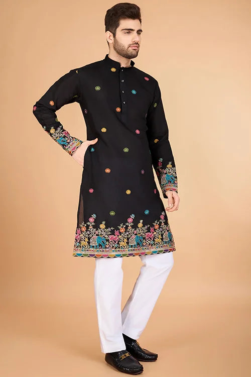 Black Designer Viscose Silk Kurta With Thread Work