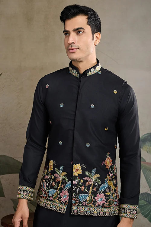 Designer Black Cotton Kurta With Embroidered Koti