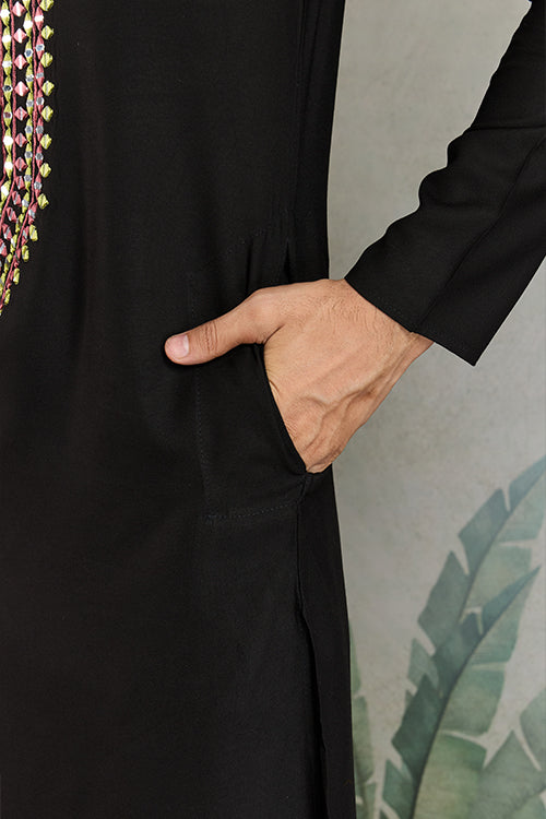 Wedding Special Black Mirror Work Kurta With Dupatta For Men