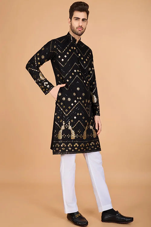 Black Silk Men's Kurta For Special Occasions