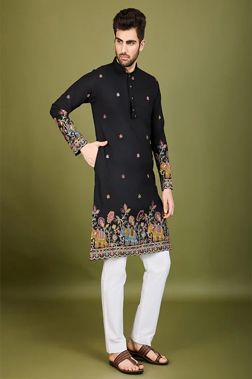 Black Color Cotton Embroidered Kurta For Men
