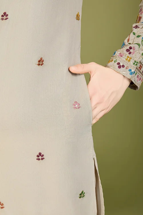 Premium Beige Kurta With Embroidery Wedding Look For Mens Wear