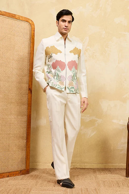 White Velvet Embroidered Bomber Jacket With Pant For Mens Wear