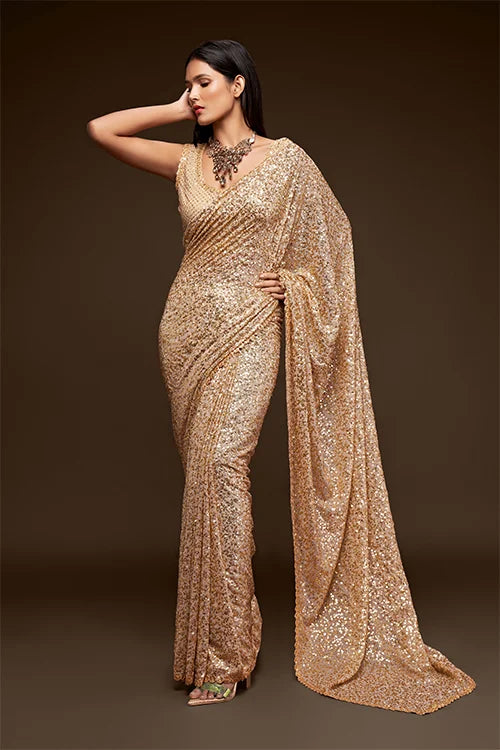 Heavy Georgette Saree With Sequins Embroidery Work