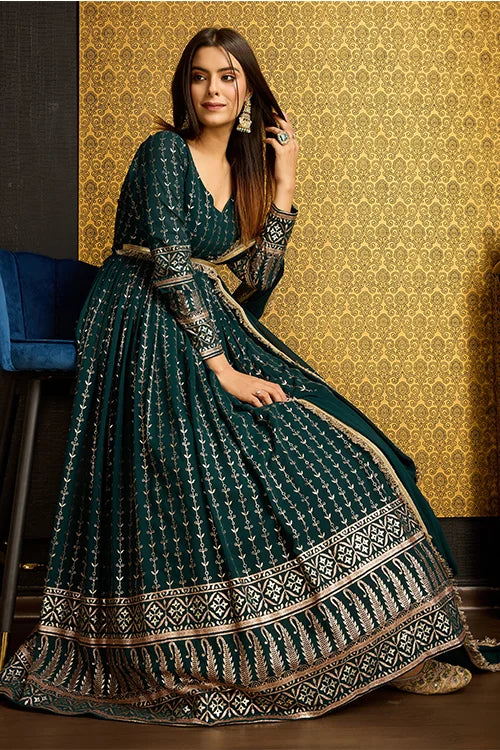 Green Color Designer Metalic Foil Work Ready To Wear Gown