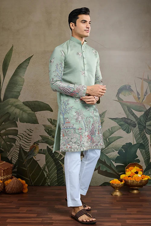 Designer Pista Green Viscose Silk Fancy Kurtas For Men