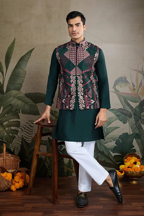 Designer And Stylish Green Men's Kurta Koti Set For Men