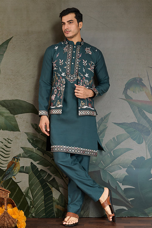 Green Open Koti Style Kurta Pajama Set For Men