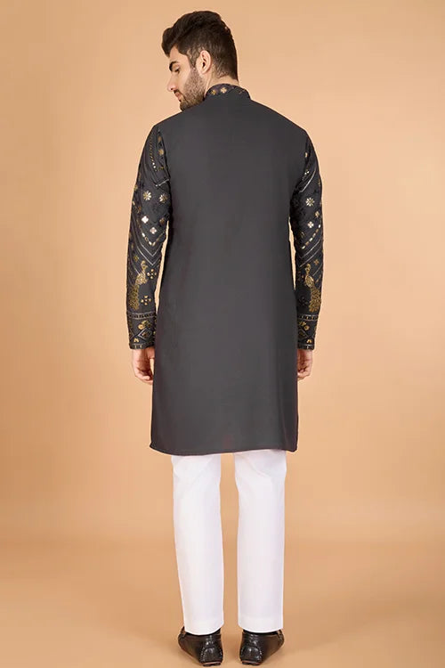 Traditional Cement Grey Silk Kurta With Thread Work
