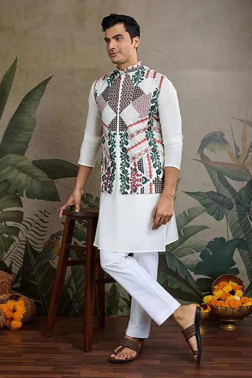Beautiful White Viscose Silk Kurta Koti Set