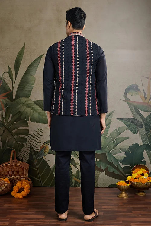 Black Viscose Silk Indian Designer Kurta With Koti For Men