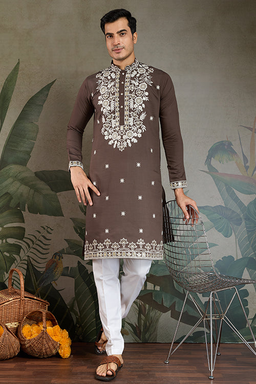 Wedding Functions Chocolate Gray Embroidered Kurta