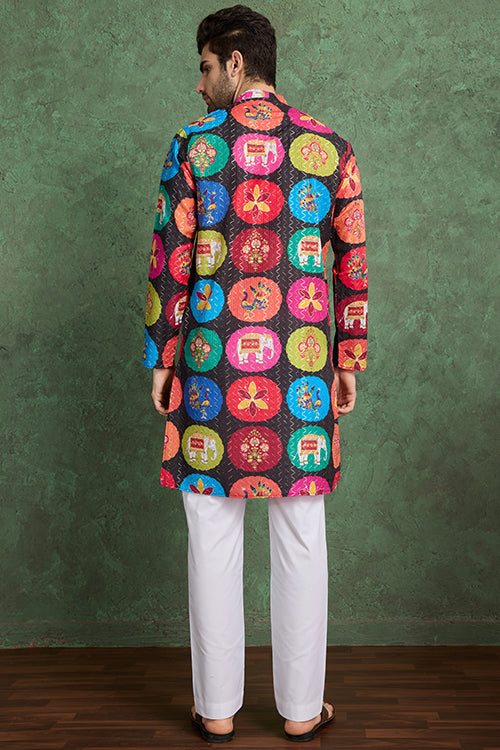 Multi Color Print With Embroidered Kurta And Pajama For Men