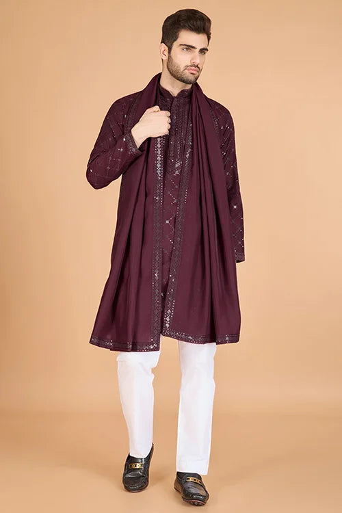 Designer Maroon Viscose Silk Men's Kurta Online