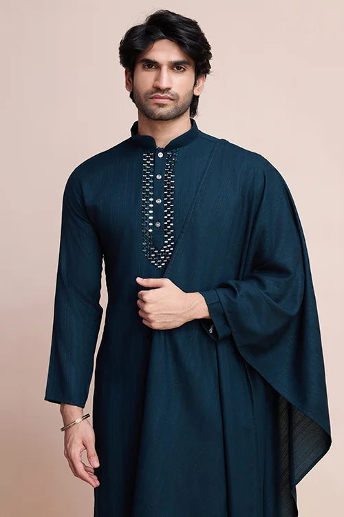 Teal Blue Designer Kurta Set With Mirror Work For Men