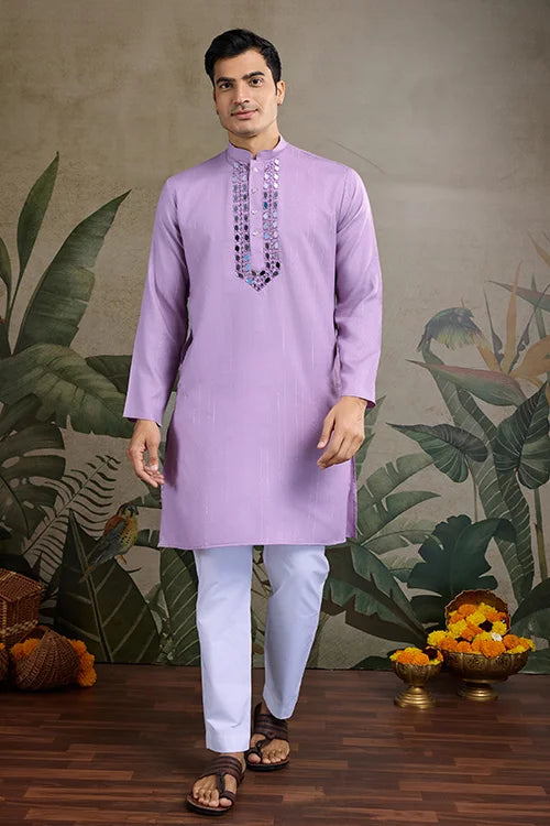 Dusty Pink Designer Men's Kurta With Real Mirror Work
