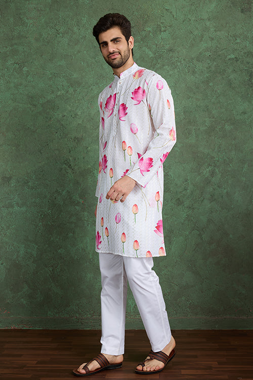 Buy Ethnic Style White & Pink Designer Kurta For Men