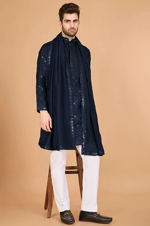 Navy Color Kurta With Dupatta For Mens Wear