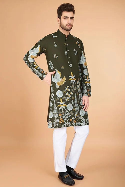 Olive Viscose Rayon Designer Men's Kurta For Festive