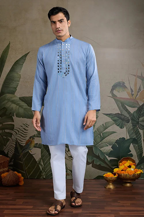 Light Blue Mirror Work Kurta – Elegant & Stylish