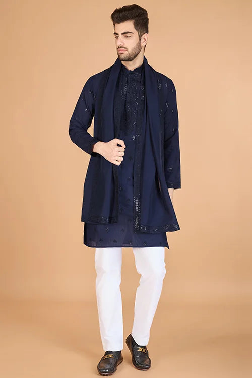 Elegant Navy Viscose Silk Kurta With Sequins