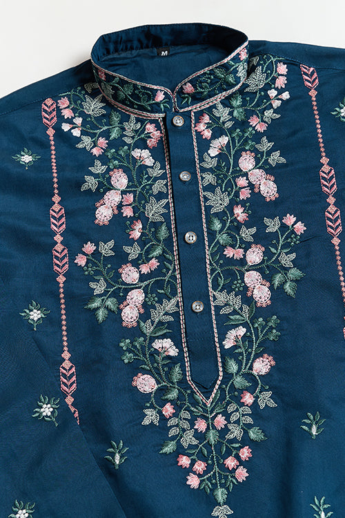 Wedding Special Teal Blue Embroidered Silk Kurta