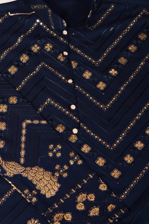Navy Silk Embroidered Work Designer Men's Wear Kurta