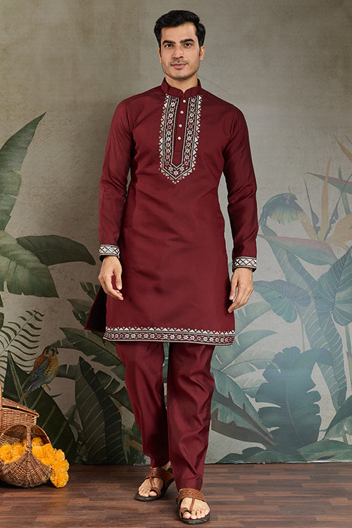 Wedding Special Maroon Jacket Style Kurta Pajama Full Set