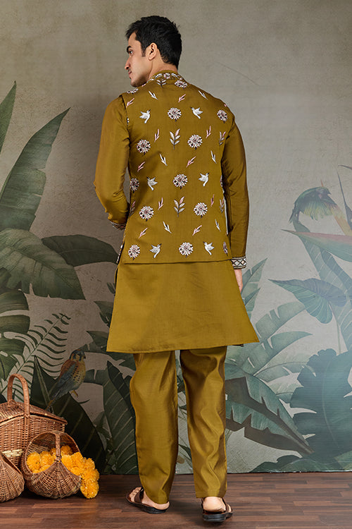 Wedding Special Golden Olive Kurta Pajama With Open Koti For Men