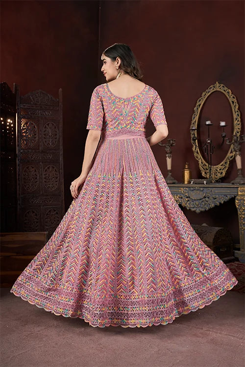 Designer Peach Color Net Gown With Zarkan Embroidery – Ready To Wear Collection