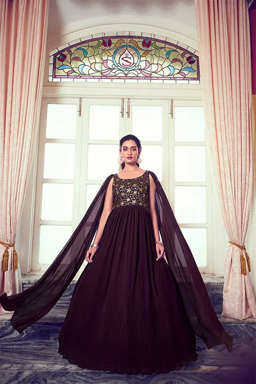 Purple Off The Shoulder Embroidered Long Anarkali Style Gown