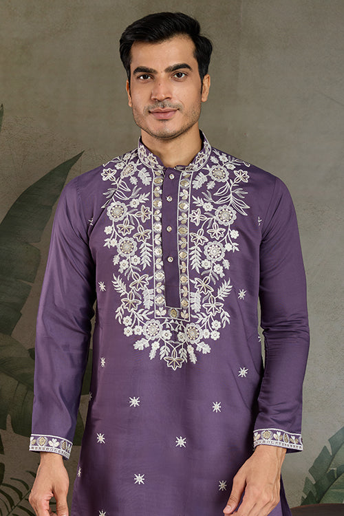 Pastel Purple Embroidered Viscose Silk Kurta Set