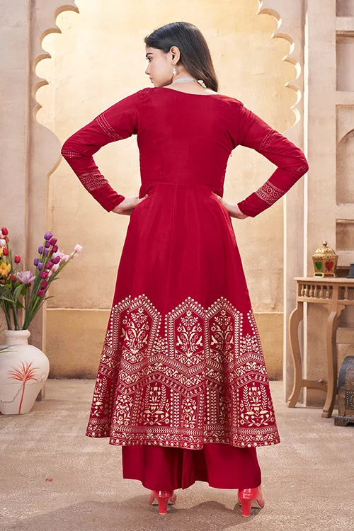 Red Roman Silk Salwar Suit With Hand Mirror Work