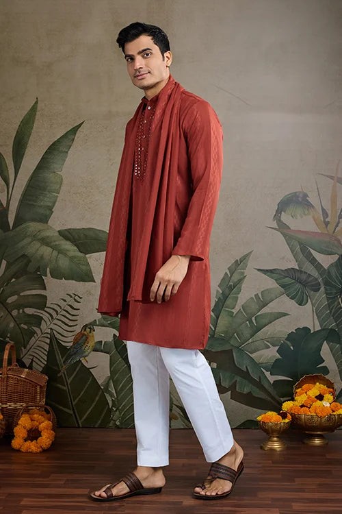 Rust Orange Viscose Silk Kurta With Mirror Work