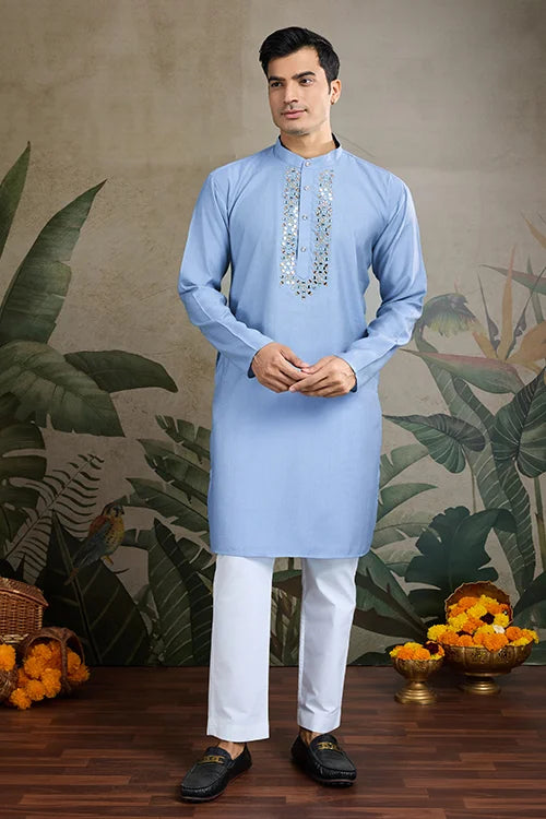 Traditional Sky Kurta Set With Koti Jacket