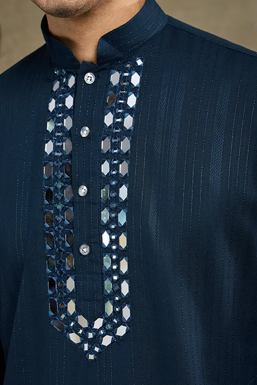 Teal Blue Viscose Rayon Kurta With Mirror Work