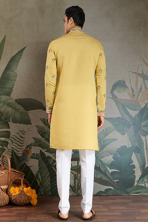 Embroidered Yellow Kurta For Men Wear