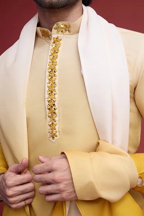 Stylish Designer Men’s Kurta Set With Real Mirror Work