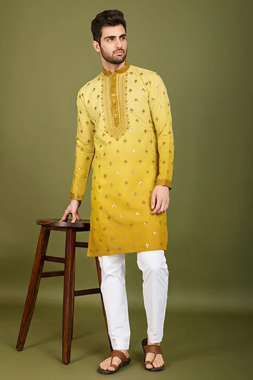 Designer Omber Yellow Viscose Silk Kurta For Men Online