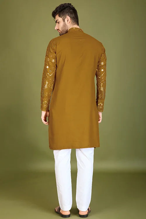 Traditional Embroidered Yellow Silk Kurta For Men