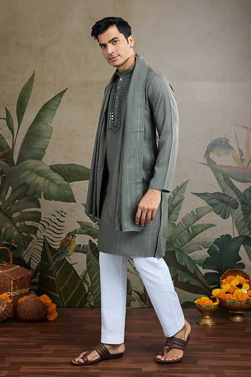 Silk Party Wear Rust Green Jari Work Kurta & Dupatta For Men's
