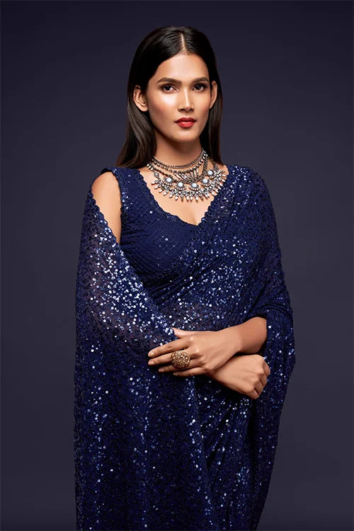 Blush Blue Heavy Georgette Saree With Sequins Embroidery Work