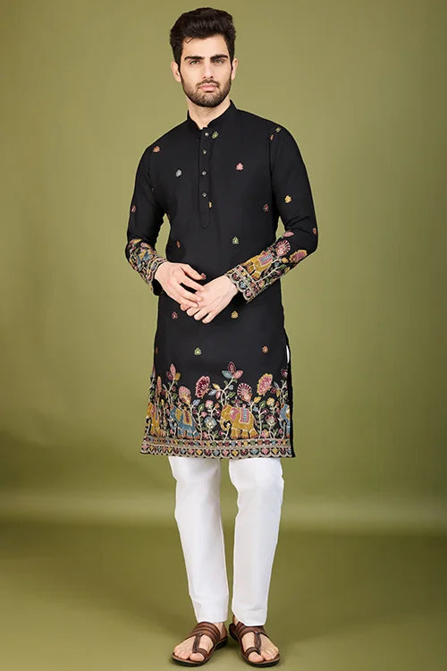 Black Color Cotton Embroidered Kurta For Men