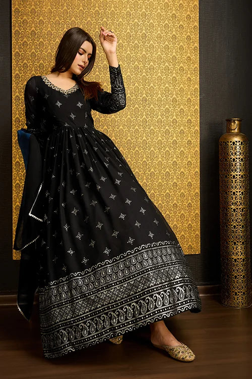 Outstanding Black Color Foil Work Georgette Function Wear Gown With Dupatta
